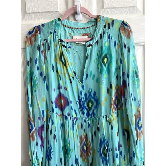 ANTHROPOLOGIE Serenade Turquoise Ikat Pullover Boho Maxi Dress Sz M *FLAW* - Picture 6 of 15